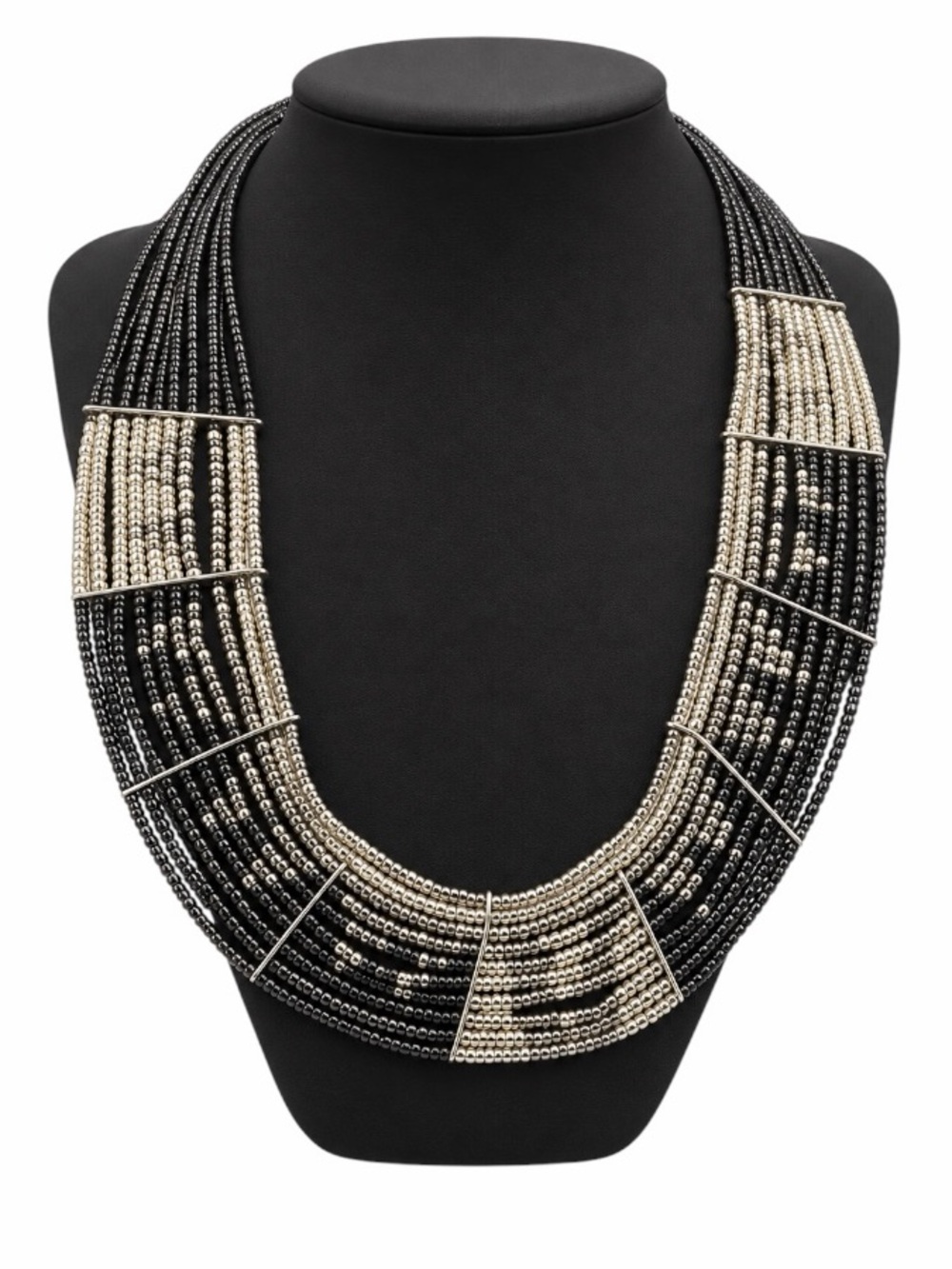 ZAD Black White Silver Seed Bead Statement Bib Necklace - Boho Geometric